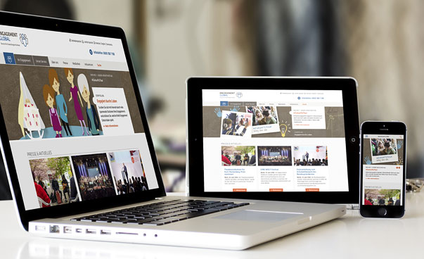 Die neue Internetseite von Engagement Global wird auf einem Laptop, einem Tablet und einem Smartphone gezeigt.