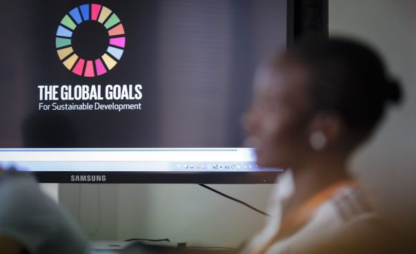 Auf einem Fernseh-Bildschirm ist das Logo der SDG zu sehen