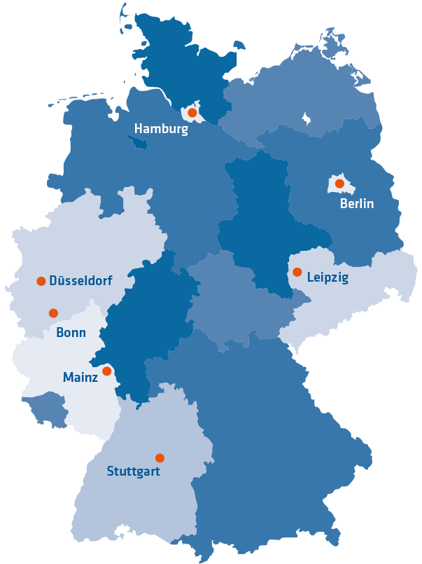 Die Karte zeigt die 7 Standorte in Deutschland: Hamburg, Berlin, Düsseldorf, Leipzig, Bonn, Mainz, Stuttgart