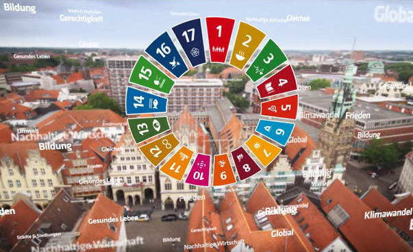 Die Symbole der globale Nachhaltigkeitsziele sind als Kreis angeordnet. Im Hintergrund ist ein Luftbild der Altstadt von Münster zu sehen. Foto: Engagement Global